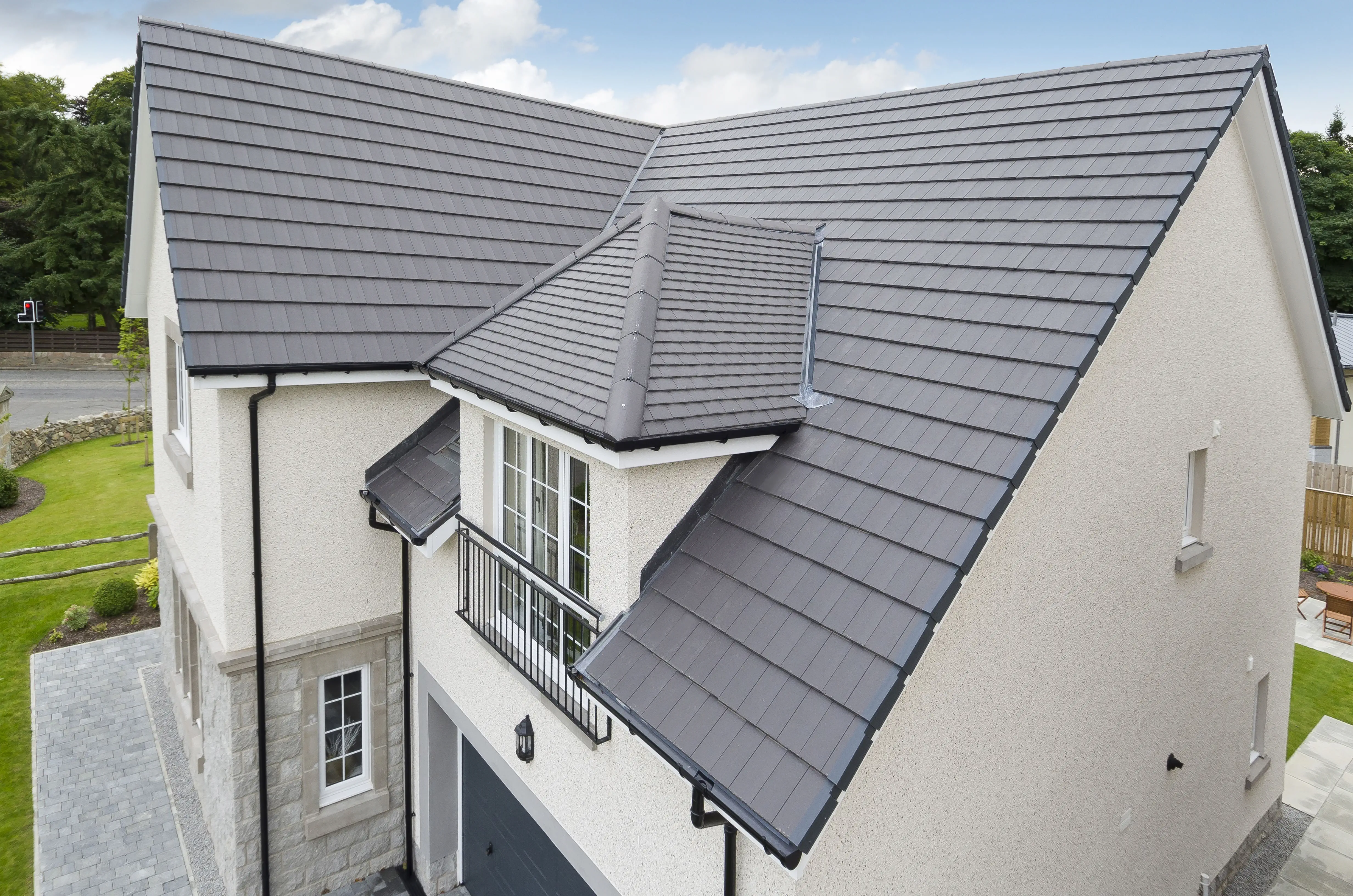 Modern tile roofing on residential property